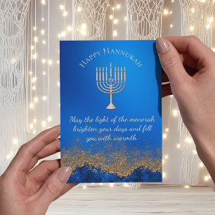 happy hannukah ,navy blue gold menorah  holiday postcard