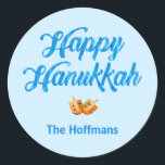 Happy Hannukah Sticker<br><div class="desc">Customize this holiday sticker with your own name and greeting. The Bright blue swash headline and small dreidel images add a festive flair.</div>