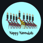 Happy Hannukah Stickers<br><div class="desc">Graphic illustration of colorful Hannukah menorah with giraffes animal art design.  Send a message to friends and family at this holiday.</div>