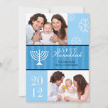Happy Hannukkah blue stripes menorah photo card<br><div class="desc">Show off your family photos in this contemporary Hanukkah photo card. Your greeting and family names are set on a contemporary blue striped band next to the menorah. Subtle snowflakes adorn your photo on the upper right corner. Input the current year and your card is ready to delight family and...</div>
