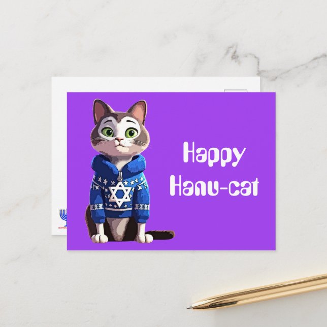 Happy Hanu-Cat | Cat in Hanukkah Sweater Postcard (Front/Back In Situ)