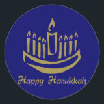 Happy Hanuikkah Menorah - Gold - Customizable Classic Round Sticker<br><div class="desc">Happy Hanuikkah Menorah - Gold - Customizable - please feel free to change the background colors - colors chosen are just an example.</div>