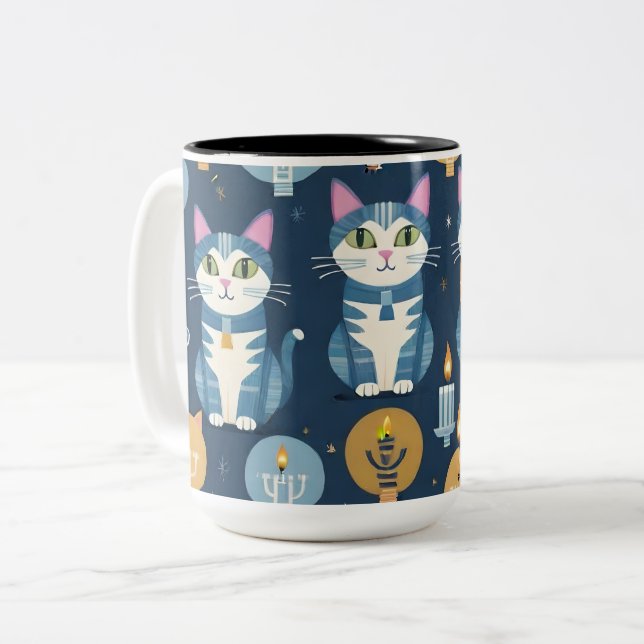 Happy Hanukah (Chanukah) Kitties Two-Tone Coffee Mug (Front Left)