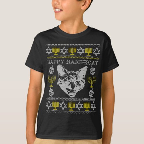 Happy Hanukcat Hannukah Jewish Cat Ugly Christmas  T_Shirt