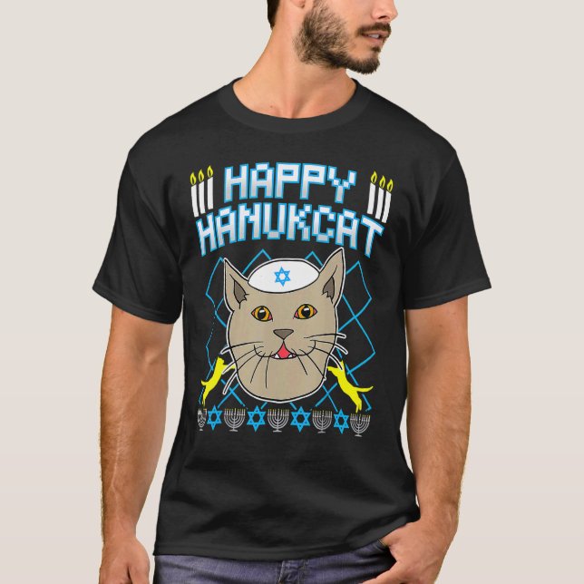 Happy Hanukcat  Jewish Cat Ugly Christmas Sweater (Front)