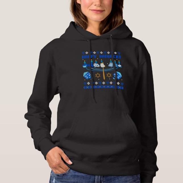 Happy Hanukcat Ugly Hanukkah Cat Chanukah Jewish U Hoodie (Front)