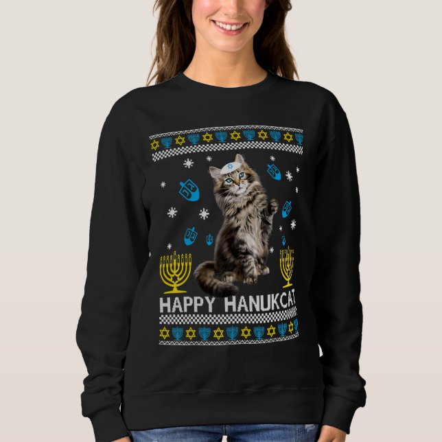 Happy Hanukcat Ugly Hanukkah Sweater Maine Coon Ca (Front)