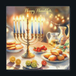 Happy Hanukkah<br><div class="desc">Hanukkah watercolor illustration. A beautifully arranged table set for a festive celebration, featuring a traditional menorah with lit candles. Soft, warm light, while holiday decorations add a touch of cheer. Warm lights creating a cozy, inviting atmosphere.</div>