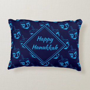 HAPPY HANUKKAH חנוכה שמח Hebrew Dreidel NAVY CYAN Accent Pillow