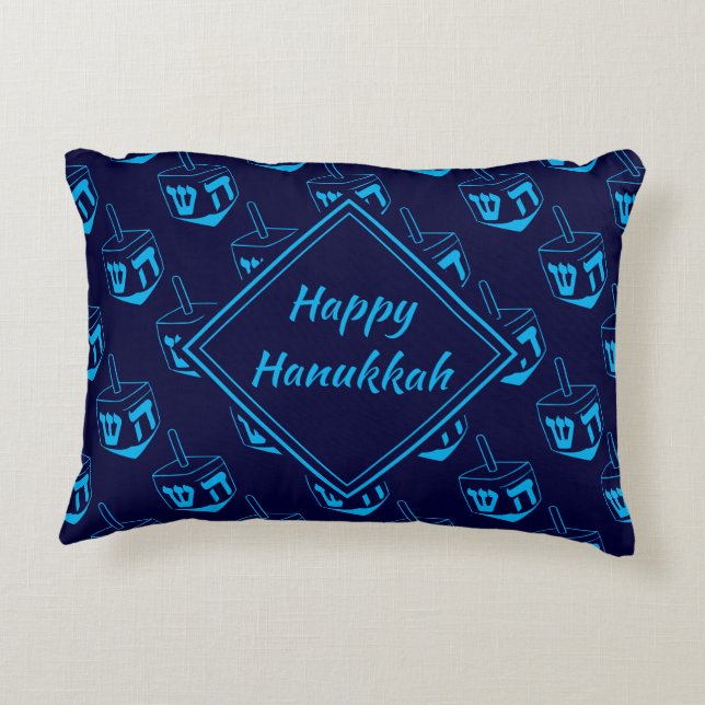 HAPPY HANUKKAH חנוכה שמח Hebrew Dreidel NAVY CYAN Accent Pillow (Back)