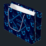 HAPPY HANUKKAH חנוכה שמח Hebrew Dreidel NAVY CYAN Large Gift Bag<br><div class="desc">This stylish midnight blue gift bag with all over cyan dreidel print would make an excellent choice for presenting your gifts during Hanukkah. The front says חנוכה שמח (Happy Hanukkah) and the back shows customizable placeholder text. Matching gifts and home decor ideas are available in the HANUKKAH Collection by Berean...</div>