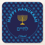 Happy Hanukkah לחיים L'Chaim Blue Dreidel Square Paper Coaster<br><div class="desc">Stylish blue Happy Hanukkah COASTER featuring curved text in cyan blue typography. In the centre there is a gold-colored menorah and לחיים (which means 'To Life'). The bottom curved text says 'L'CHAIM' ('To Life'), which is the equivalent of 'Cheers'. The text is customizable, so you can change Hanukkah to Chanukah...</div>