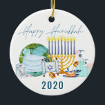 Happy Hanukkah | 2020 Quarantine Commemorative Ceramic Ornament<br><div class="desc">A great way to remember the year 2020 when the planet quarantined together. Personalize the back with your name or add your own family photo. Add your custom wording to this design by using the "Edit this design template" boxes on the right hand side of the item, or click the...</div>