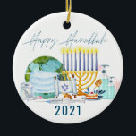 Happy Hanukkah | 2021 Vaccine Commemorative Ceramic Ornament<br><div class="desc">A great way to remember the year 2021 when the planet vaccinated together. Personalize the back with your name or add your own family photo. Add your custom wording to this design by using the "Edit this design template" boxes on the right hand side of the item, or click the...</div>