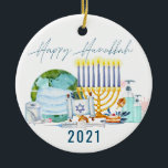 Happy Hanukkah | 2021 Vaccine Commemorative Ceramic Ornament<br><div class="desc">A great way to remember the year 2021 when the planet vaccinated together. Personalize the back with your name or add your own family photo. Add your custom wording to this design by using the "Edit this design template" boxes on the right hand side of the item, or click the...</div>