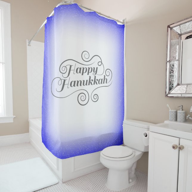 Happy Hanukkah 2-tone Blue White Background Shower Curtain (In Situ)