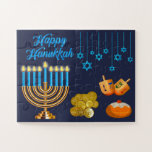 Happy Hanukkah 30 pieces Jigsaw Puzzle<br><div class="desc">Put together a Happy Hanukkah puzzle. There is a menorah with all the candles lit,  Hanukkah gelt,  a souvgania (Israeli Hanukkah donut),  draydels and hanging Stars of David.</div>