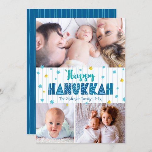 Happy Hanukkah 3 Photo Modern Typography Gold Star Holiday Card