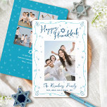 Happy Hanukkah 5 Photo Hand Drawn Doodle Whimsical Holiday Card<br><div class="desc">“Happy Hanukkah.” It's that time to touch base with your family and friends to celebrate Hanukkah and usher in the festival of lights. Fun, whimsical navy blue handwritten script typography, Star of David and turquoise teal blue hand drawn Hanukkah dreidels and sparkles, along with the photo of your choice, overlay...</div>