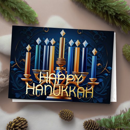 Happy Hanukkah  Abstract Drawing Menorah Gold Blue Foil Holiday Card