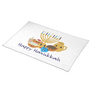 Happy Hanukkah and cute Hanukkah characters Cloth Placemat