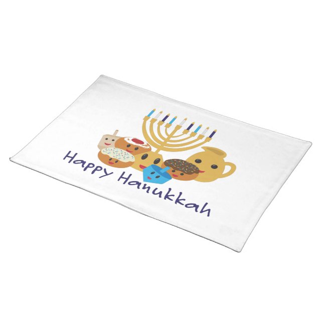 Happy Hanukkah and cute Hanukkah characters Cloth Placemat (On Table)