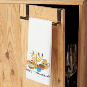 Happy Hanukkah and cute Hanukkah characters Kitchen Towel