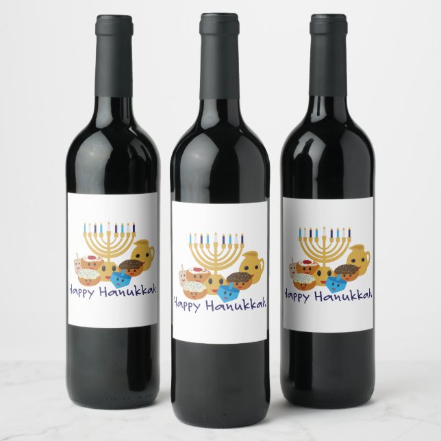 Happy Hanukkah and cute Hanukkah characters Wine Label (Bottles)