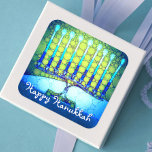 Happy Hanukkah Artsy Turquoise Blue Green Menorah Square Sticker<br><div class="desc">“Happy Hanukkah.” A close-up photo of a bright, colorful, blue artsy menorah photo helps you usher in the holiday of Hanukkah. Feel the warmth and joy of the holiday season whenever you use this stunning, colorful Hanukkah sticker. Matching cards, stamps, tote bags, serving trays, and other products are available in...</div>