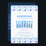 Happy Hanukkah Beautiful Jewish Holiday Invitation<br><div class="desc">Happy Hanukkah Party Invitation Beautiful Jewish Holiday Card. Jewish Holiday Chanukkah background with traditional Chanuka decorative symbols - wooden dreidels (spinning top), donuts, hanukkiah menorah, candles, star of David and glowing lights wallpaper navy blue pattern. Hanukkah Festival of lights Event Decoration. Jerusalem, Israel. Invitations & Stationery > Invitations & Announcements...</div>