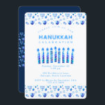 Happy Hanukkah Beautiful Jewish Holiday Invitation<br><div class="desc">Happy Hanukkah Party Invitation Beautiful Jewish Holiday Card. Jewish Holiday Chanukkah background with traditional Chanuka decorative symbols - wooden dreidels (spinning top), donuts, hanukkiah menorah, candles, star of David and glowing lights wallpaper navy blue pattern. Hanukkah Festival of lights Event Decoration. Jerusalem, Israel. Invitations & Stationery > Invitations & Announcements...</div>