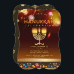 Happy Hanukkah Beautiful Jewish Holiday Invitation<br><div class="desc">Happy Hanukkah Party Invitation Beautiful Jewish Holiday Card. Jewish Holiday Chanukkah background with traditional Chanuka decorative symbols - wooden dreidels (spinning top), donuts, hanukkiah menorah, candles, star of David and glowing lights wallpaper gold pattern. Hanukkah Festival of lights Event Decoration. Jerusalem, Israel. Invitations & Stationery > Invitations & Announcements Design...</div>