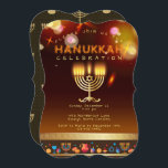 Happy Hanukkah Beautiful Jewish Holiday Invitation<br><div class="desc">Happy Hanukkah Party Invitation Beautiful Jewish Holiday Card. Jewish Holiday Chanukkah background with traditional Chanuka decorative symbols - wooden dreidels (spinning top), donuts, hanukkiah menorah, candles, star of David and glowing lights wallpaper gold pattern. Hanukkah Festival of lights Event Decoration. Jerusalem, Israel. Invitations & Stationery > Invitations & Announcements Design...</div>