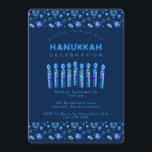 Happy Hanukkah Beautiful Jewish Holiday Invitation<br><div class="desc">Happy Hanukkah Party Invitation Beautiful Jewish Holiday Card. Jewish Holiday Chanukkah background with traditional Chanuka decorative symbols - wooden dreidels (spinning top), donuts, hanukkiah menorah, candles, star of David and glowing lights wallpaper navy blue pattern. Hanukkah Festival of lights Event Decoration. Jerusalem, Israel. Invitations & Stationery > Invitations & Announcements...</div>