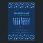 Happy Hanukkah Beautiful Jewish Holiday Invitation<br><div class="desc">Happy Hanukkah Party Invitation Beautiful Jewish Holiday Card. Jewish Holiday Chanukkah background with traditional Chanuka decorative symbols - wooden dreidels (spinning top), donuts, hanukkiah menorah, candles, star of David and glowing lights wallpaper navy blue pattern. Hanukkah Festival of lights Event Decoration. Jerusalem, Israel. Invitations & Stationery > Invitations & Announcements...</div>