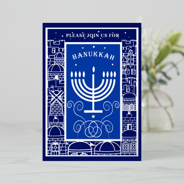 Happy Hanukkah Beautiful Jewish Holiday Menorah Foil Invitation (Standing Front)