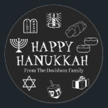Happy Hanukkah black white custom name gift favors Classic Round Sticker<br><div class="desc">Happy Hanukkah,  customize family name gift favor stickers 
Happy Hanukkah,  Happy Chanukah,  Hanukkah Sameach!,  Chag Sameach!,  Chag Urim Sameach!
Black and white</div>