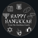 Happy Hanukkah black white custom name gift favors Classic Round Sticker<br><div class="desc">Happy Hanukkah,  customize family name gift favor stickers 
Happy Hanukkah,  Happy Chanukah,  Hanukkah Sameach!,  Chag Sameach!,  Chag Urim Sameach!
Black and white</div>