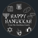 Happy Hanukkah black white custom name gift favors Classic Round Sticker<br><div class="desc">Happy Hanukkah,  customize family name gift favor stickers 
Happy Hanukkah,  Happy Chanukah,  Hanukkah Sameach!,  Chag Sameach!,  Chag Urim Sameach!
Black and white</div>