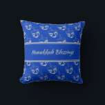 HAPPY | HANUKKAH BLESSINGS | Dreidel BLUE Throw Pillow<br><div class="desc">Mid blue THROW PILLOW to celebrate HANUKKAH. Blue and silver gray color theme with all over DREIDEL print. There is customizable placeholder text on the front which says HANUKKAH BLESSINGS and on the back so you can personalize with your own greeting and/or name. Other versions available in the HANUKKAH Collection...</div>