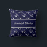 HAPPY HANUKKAH | BLESSINGS | Dreidel Pattern| NAVY Throw Pillow<br><div class="desc">Midnight navy blue THROW PILLOW to celebrate HANUKKAH. Navy and silver gray color theme with all over DREIDEL print. There is customizable placeholder text on the front which says HANUKKAH BLESSINGS and on the back, so you can personalize with your own greeting and/or name. Other versions available in the HANUKKAH...</div>
