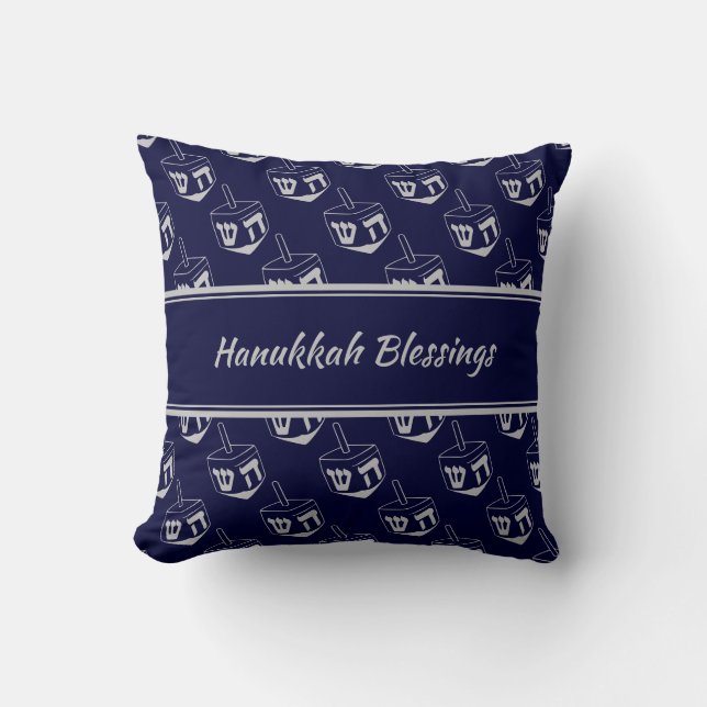 HAPPY HANUKKAH | BLESSINGS | Dreidel Pattern| NAVY Throw Pillow (Front)