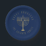 Happy HanuKkah Blue and Gold Menorah Holiday Paper Plates<br><div class="desc">These festive paper plates are perfect for your holiday party. They feature a gold colored menorah on a navy blue background. The message above it reads "Happy Hanukkah". Below the menorah is a place for your family name which you may personalize or remove if you'd like. Designed by artist ©...</div>