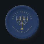 Happy HanuKkah Blue and Gold Menorah Holiday Paper Plates<br><div class="desc">These festive paper plates are perfect for your holiday party. They feature a gold colored menorah on a navy blue background. The message above it reads "Happy Hanukkah". Below the menorah is a place for your family name which you may personalize or remove if you'd like. Designed by artist ©...</div>