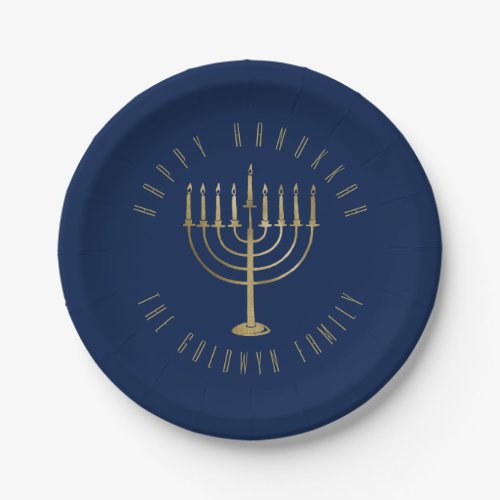Happy HanuKkah Blue and Gold Menorah Holiday Paper Plates