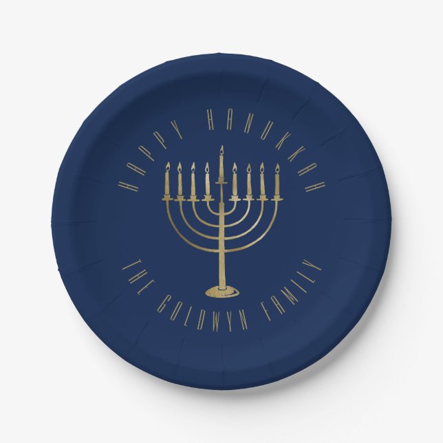 Happy HanuKkah Blue and Gold Menorah Holiday Paper Plates (Front)