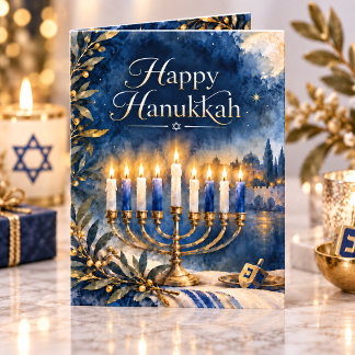 Happy Hanukkah Blue and Gold Menorah Watercolor Holiday Card