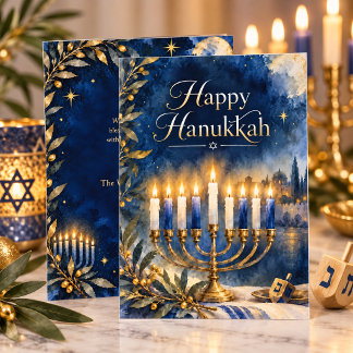 Happy Hanukkah Blue and Gold Menorah Watercolor Holiday Card