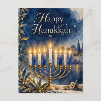 Happy Hanukkah Blue and Gold Menorah Watercolor Holiday Postcard