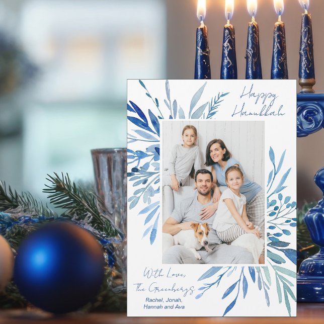 Happy Hanukkah Blue Botanical Family Photo Magnet (Creator Uploaded)